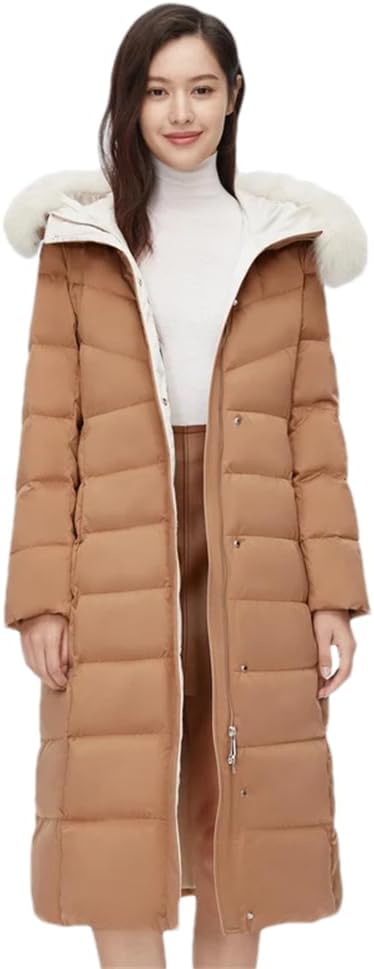 Adhdyuud Women Casual Long Warm Coat Slim Thickened Mid-Length High Waist Down Hooded Jacket