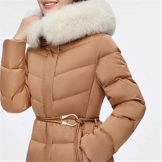 Adhdyuud Women Casual Long Warm Coat Slim Thickened Mid-Length High Waist Down Hooded Jacket