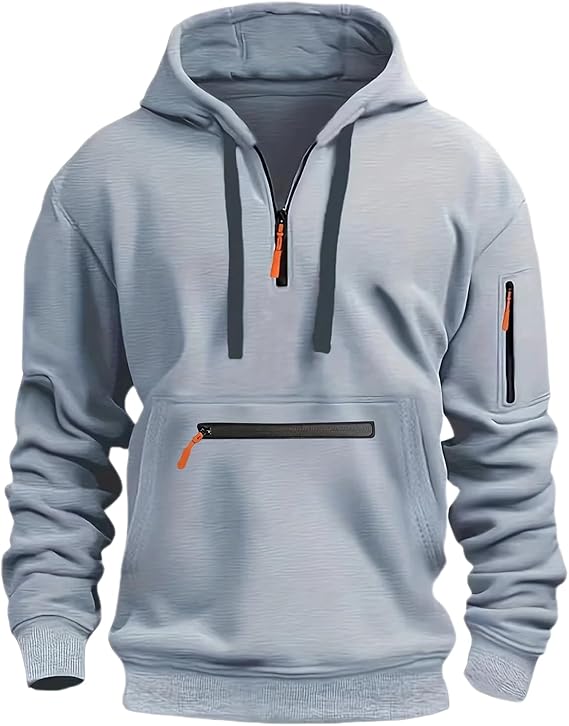 1/4 Zip Hooded Sweatshirt, Multiple Zippers Pockets Hoodie For Men